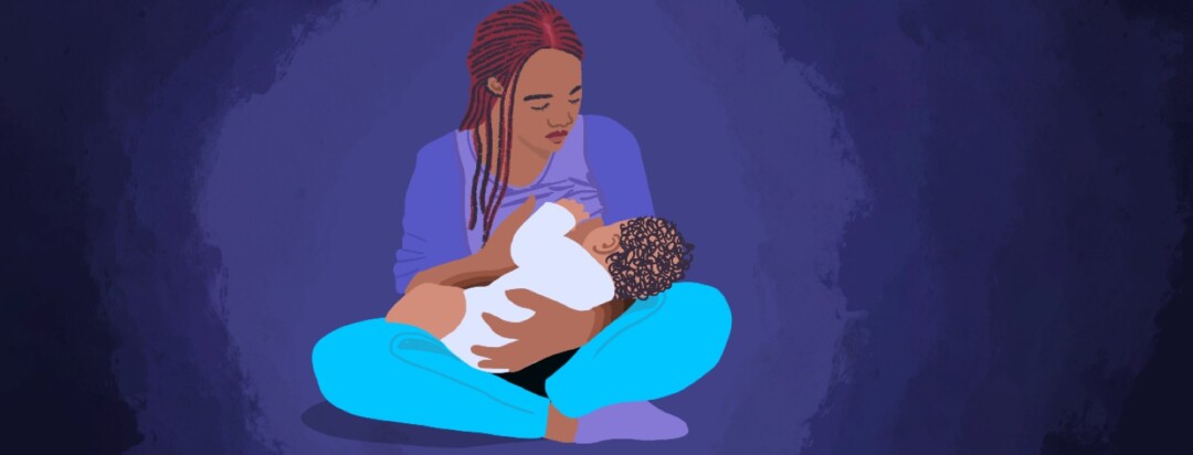 A woman breastfeeds her baby with darkness closing in on her from the sides