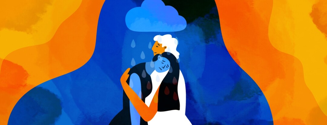 A woman embraces another woman who is looking depressed under a raincloud