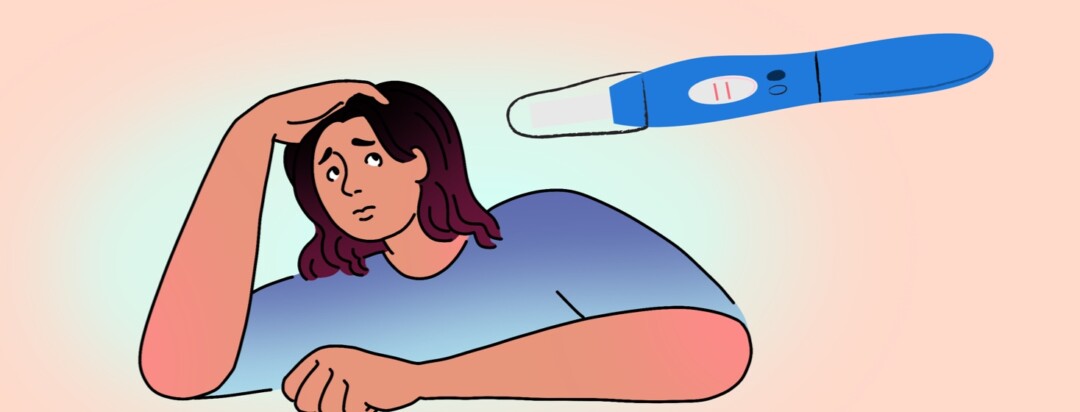 A woman with a worried expression looks at a floating positive pregnancy test above her head