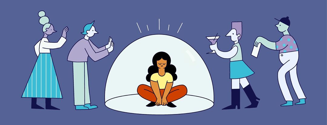 Woman sits calmly in bubble that is keeping out problems and stressors